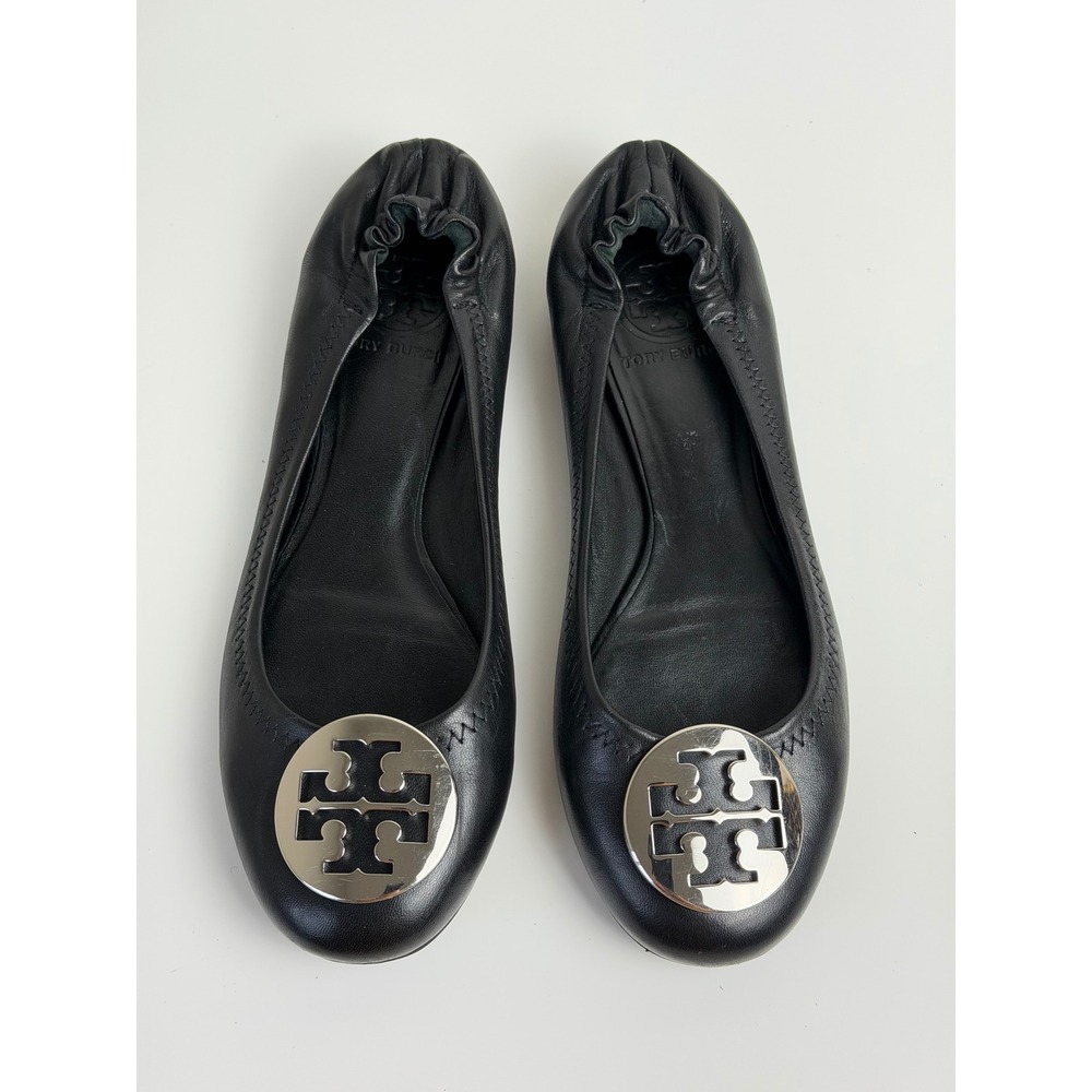 Tory Burch Women Leather Ballet Flat Reva 6.5 Black Silver Logo Medallion Flat